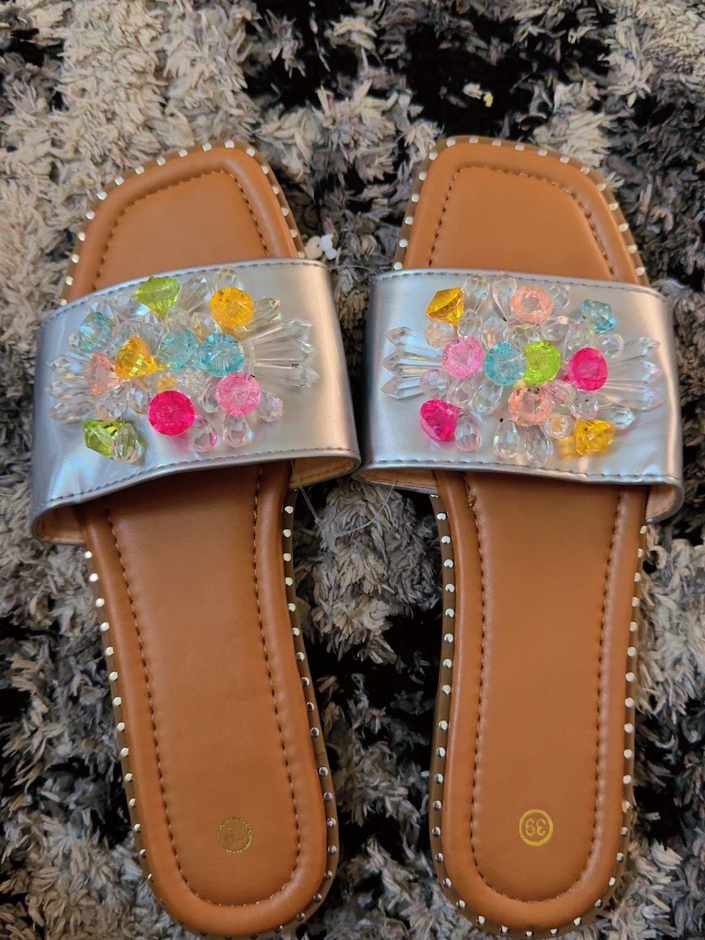 Silver Slide Sandals with Multicolor Gem Accents